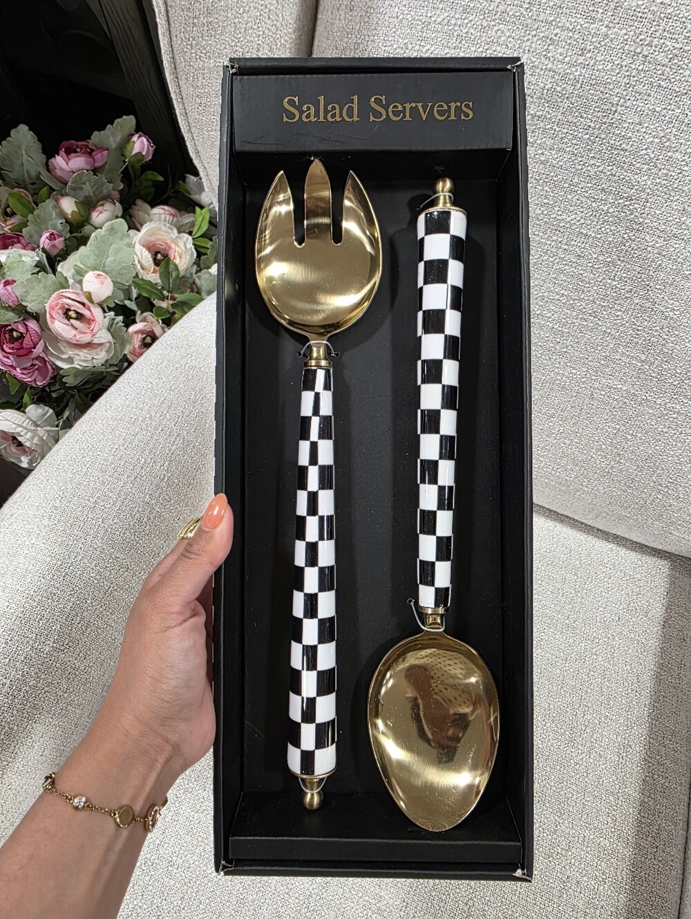 Black & White Check Gold Salad Servers - Stylish Dining Set